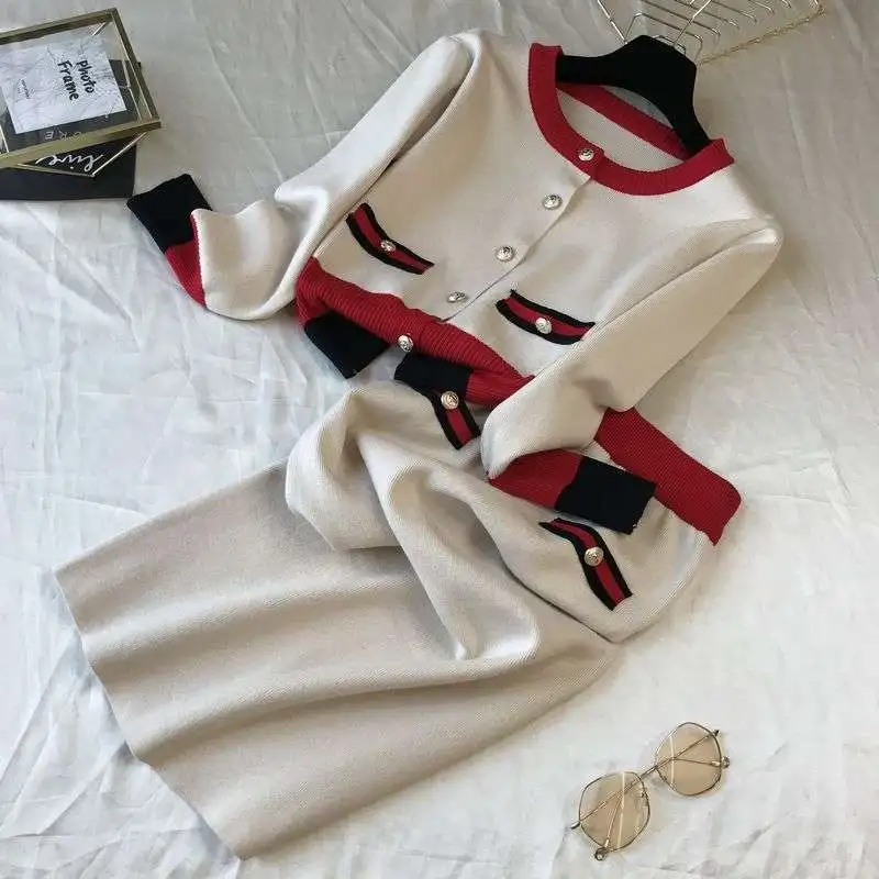 2 piece set women runway designer brand sweater cardigan and pencil skirt vintage knitted