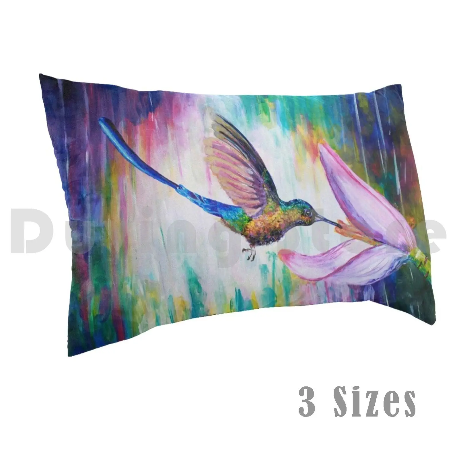 

Hummingbird Pillow Case Printed 50x75 Acrylic Painting Bird Humming Bird Flying Feather Colorful Flower Pink