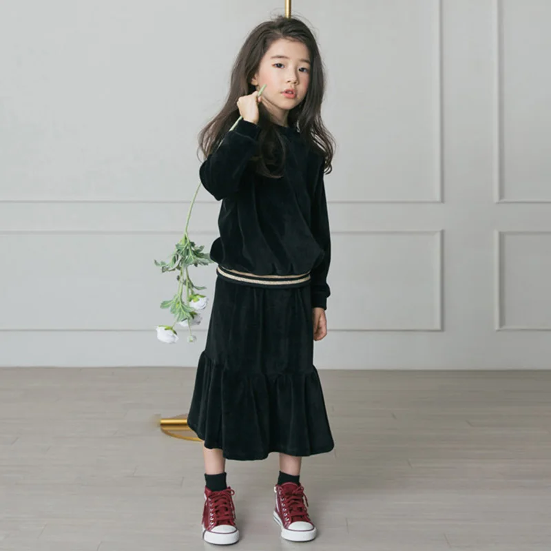 Teen Girls Skirt Sets Casual Autumn Winter Flare Dress Long Sleeve Top Velour Set Kids Clothes Girl Outfit 4-14 Years Black