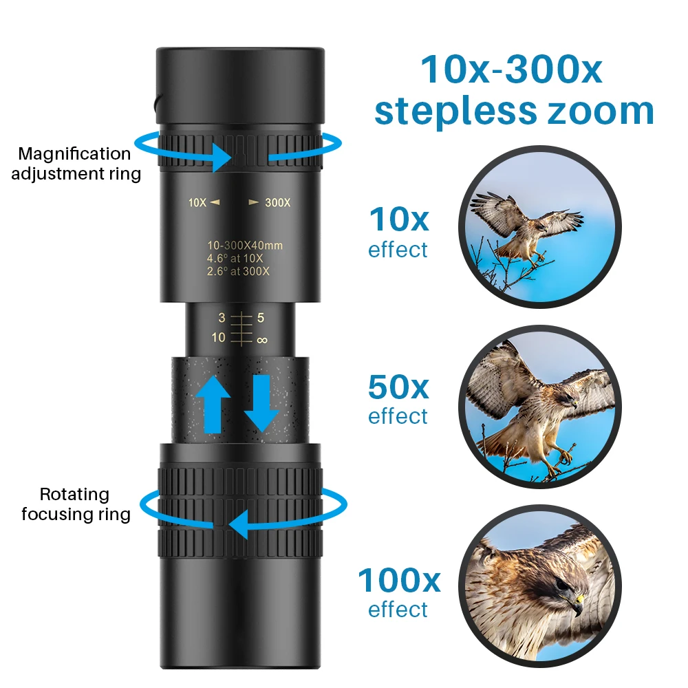 APEXEL 4K 10-300X40mm Telephoto Zoom Monocular Telescope With Smartphone Tripod For Camping Hunting Lll Night Vision Monocular