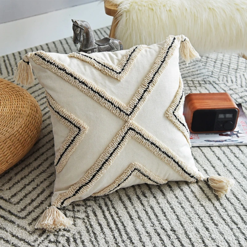 

Nordic Style Boho Throw Pillow Case Woven Tufted Geometric Striped Cotton Cushion Cover Shell with Tassel for Couch Sofa