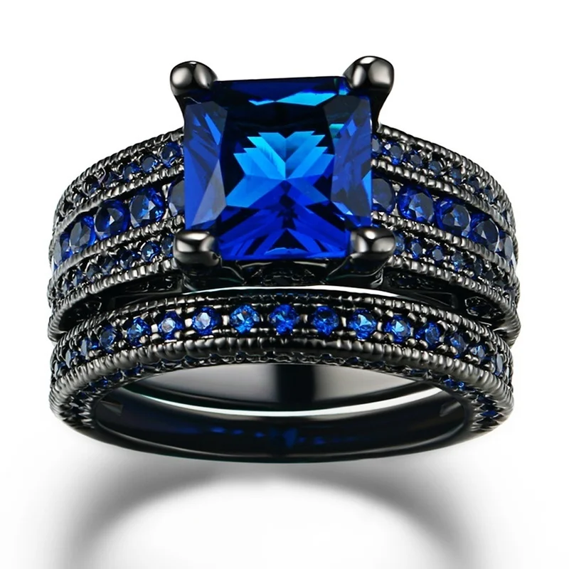 Fashion Black/Blue Rhinestones Zircon Rings For Women Jewelry Accessories Trendy Women Ring Set Wedding Engagement Party Gift