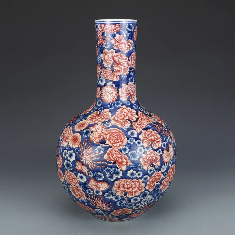 Qing Dynasty Qianlong Blue And White Glazed Red Flower Vase Antique Porcelain Vase Collection