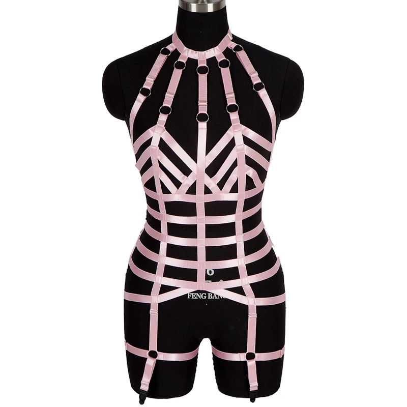 

Women Elastic Body Harness Lingerie Set Erotic Caged Cross Bandage Cupless Bra Hollow Out Suspenders Garter Belts Goth Clubwear