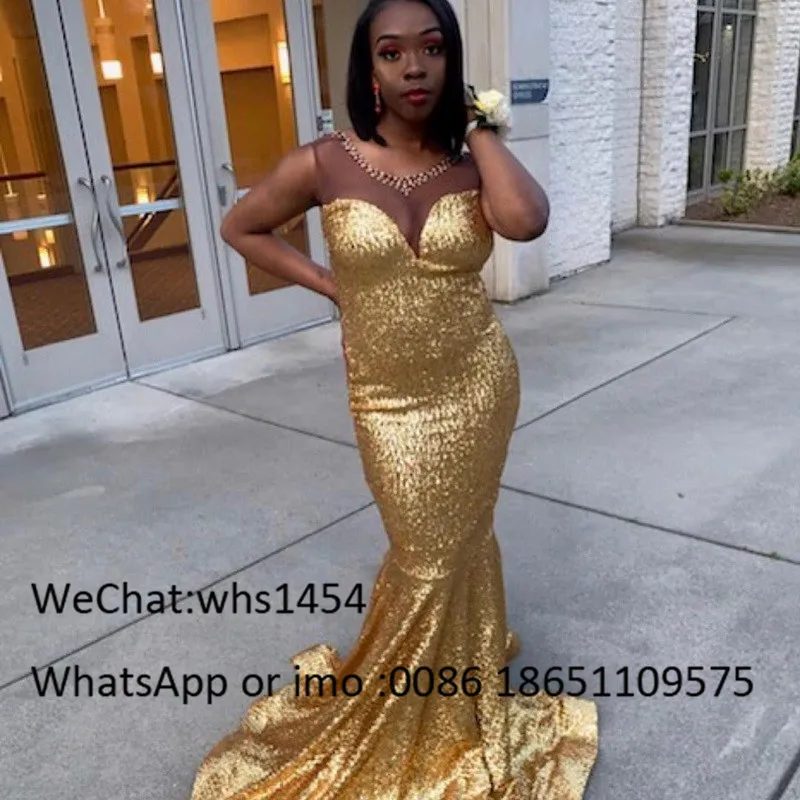 Mbcullyd Gold Sequined Prom Dresses Long 2023 Sheer Scoop Neck Mermaid Evening Party Gowns rochii For African Graduation Dress