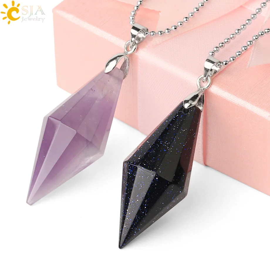 CSJA Symmetry Cone Natural Stones Pendants Necklaces Multi Faceted Pyramid Healing Reiki Pink Quartz Crystal Female Jewelry G421