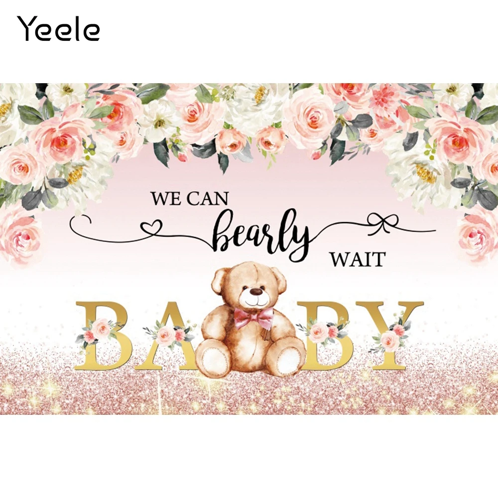 เด็กทารกหมี Party ฉากหลังเรา Bearly เดี๋ยวการถ่ายภาพพื้นหลังสีชมพูดอกไม้ Glitter เค้กตารางตกแต่ง Photo Props