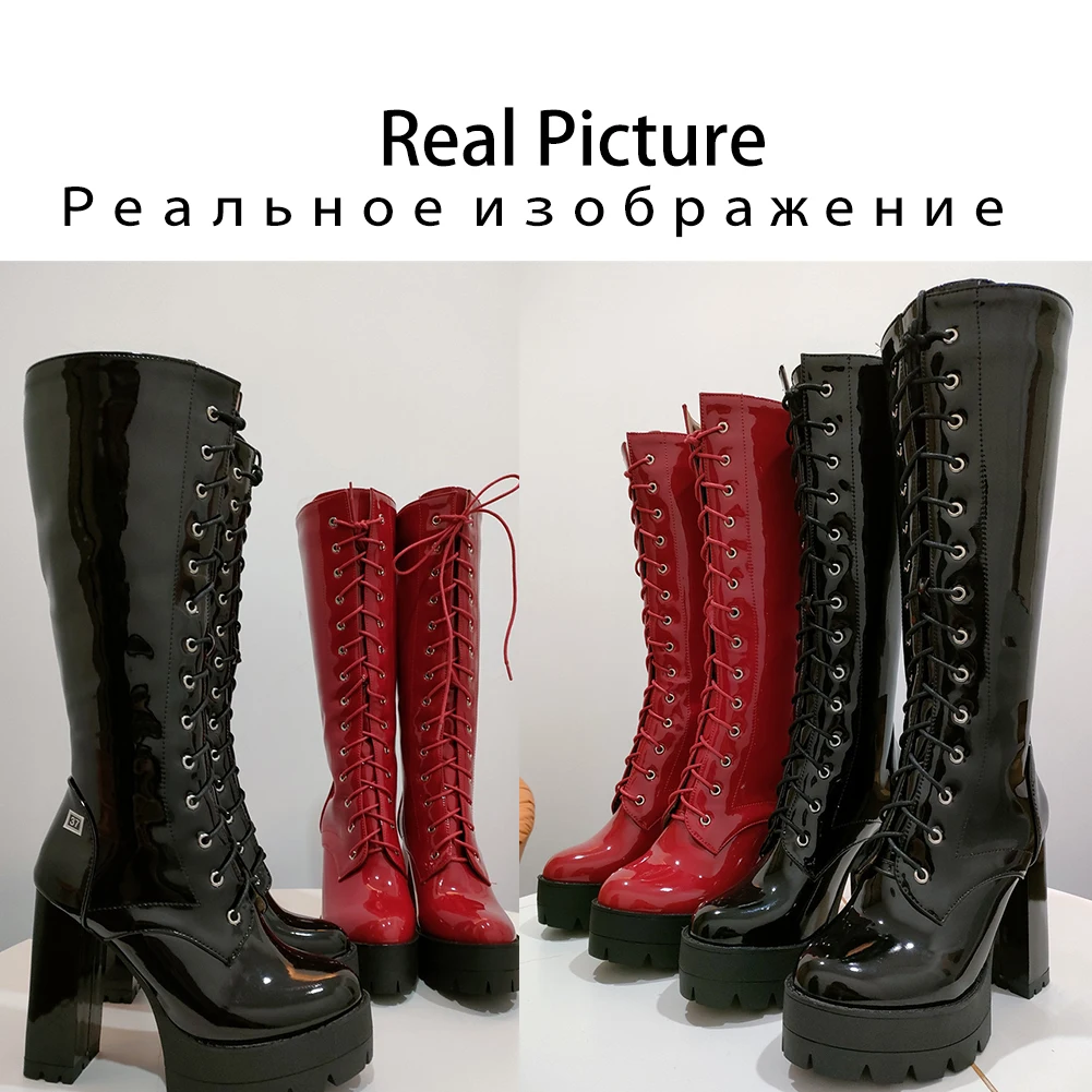 Female Motorcycle Boots Platform Chunky Heel Knee High Med Calf Boots 2023 New Arrivals Platform Chunky Heel Lace Up Red Black