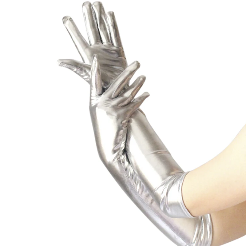 Gants métalliques en faux cuir pour femmes, aspect dos or et argent, mitaines de performance de soirée, gants longs en latex, longueur de coude sexy