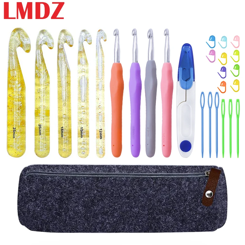 

LMDZ 27Pcs Huge Crochet Hooks Set Hook Stitch Markers Crochet Needle Case Scissors Giant Yarn Carpet Scarf Wool Roving Weaving