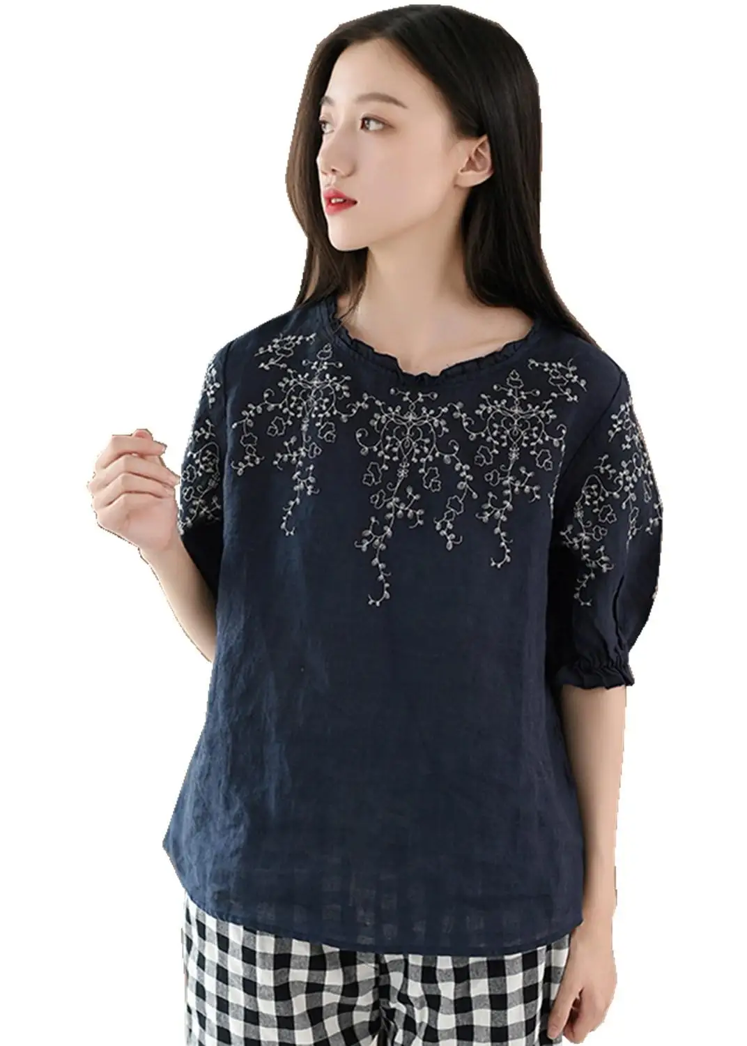 Shanghai Story Linen Cotton Summer Boho Embroidery Chinese Style Tops Shirt Tunic Blouses