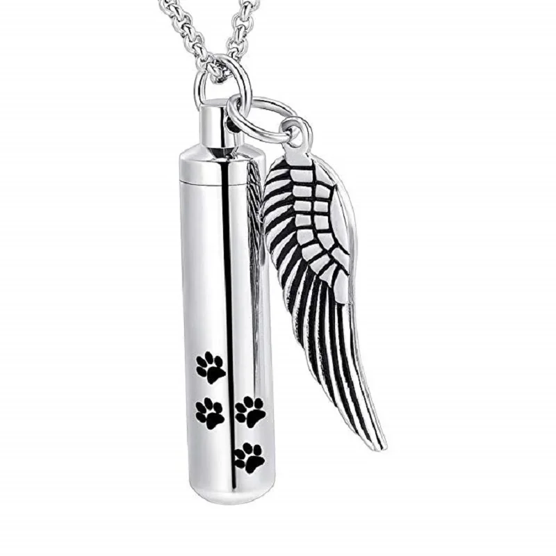 JJ003 Paw Print Cylinder Urn Necklace With Angel Wing Charm  For Dog/Cat Funeral Keepsake Jewelry  Pet Cremation Ashes pendant