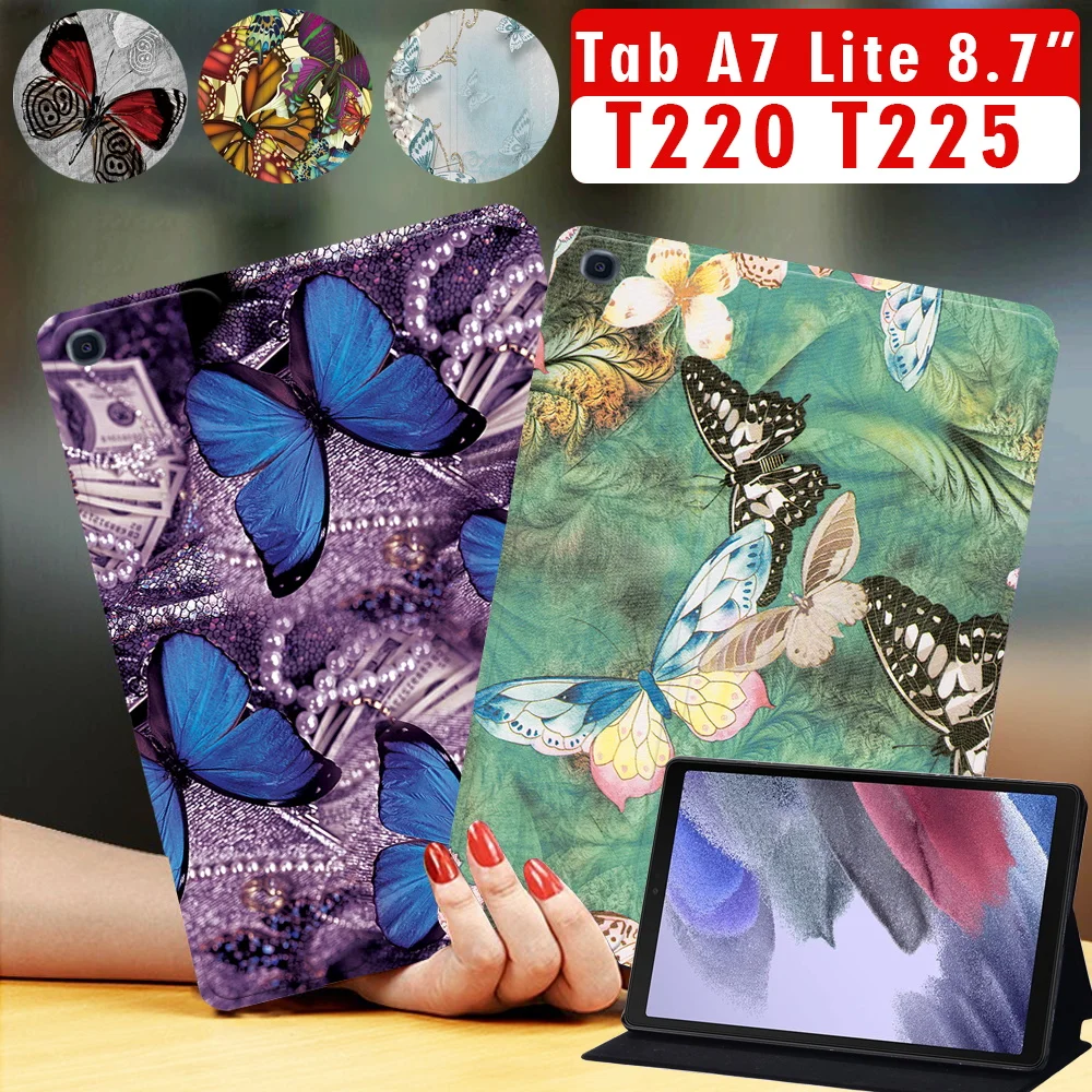 

Tablet Case for Samsung Galaxy Tab A7 Lite 8.7 Inch T220 T225 Folding Stand Cover Butterfly Series Pattern Tablet Cover+pen