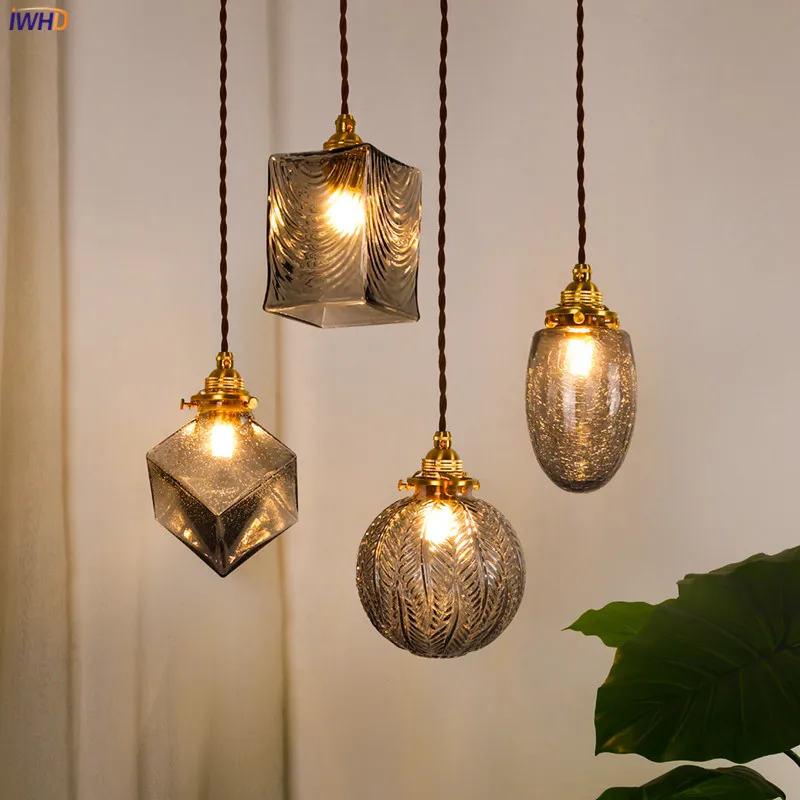 IWHD Japanese Style Glass Pendant Lights Fixtures Bedroom Living Room Copper Loft Decor Industrial Vintage Lamp Hanging Light