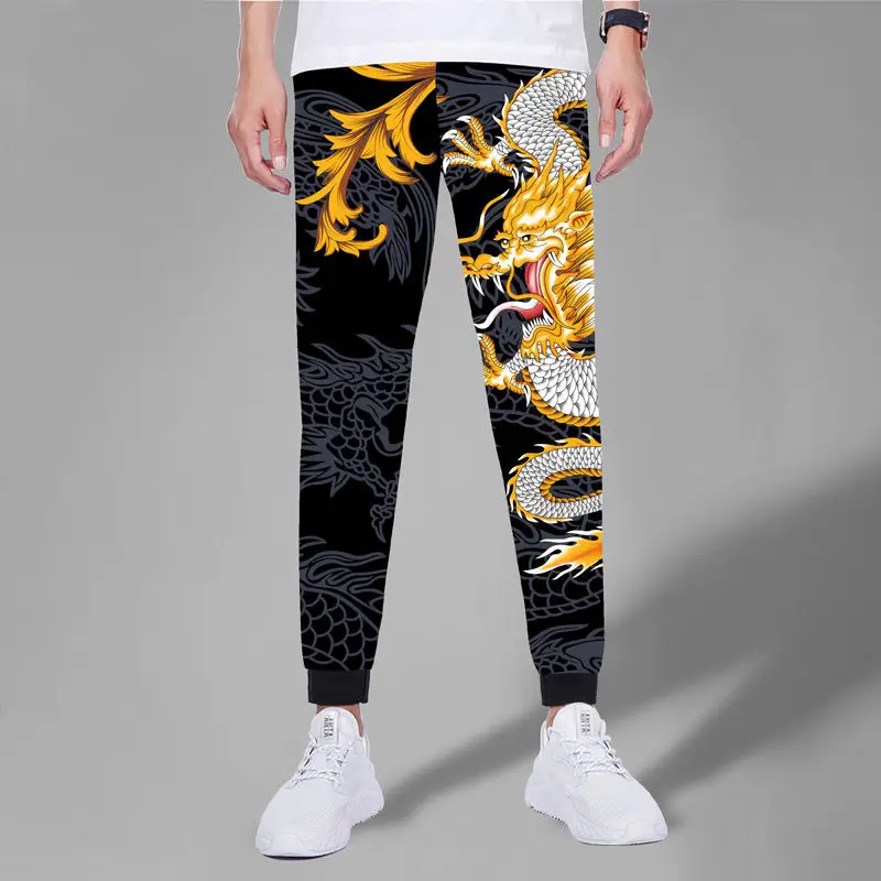 Men's daily casual suit 3D dragon print summer short-sleeved T-shirt + elastic band trousers 2-piece fashion street men's suit