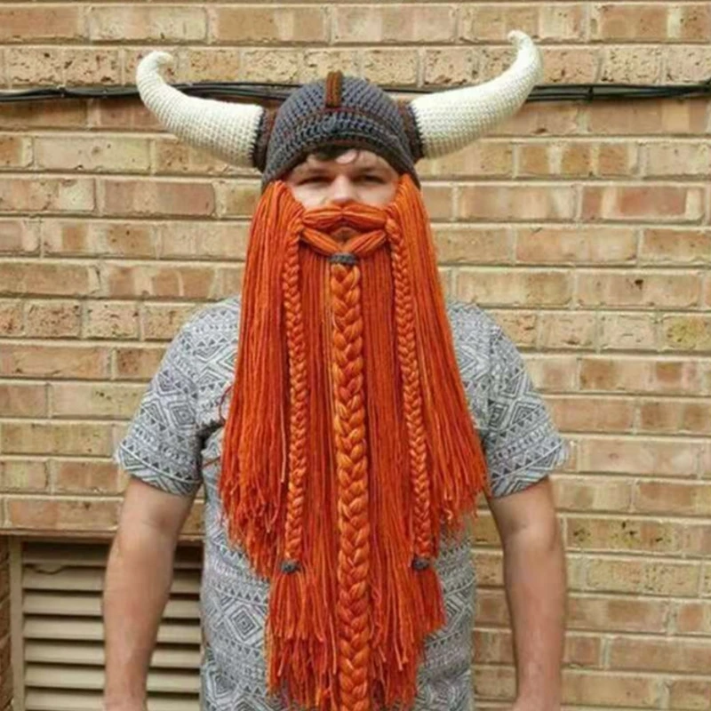 Creative Funny Beard Detachable Personalized Party Long Beard Pointed Horns Handmade Woolen Funny for Autumn and Winter