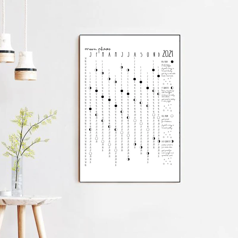 Calendar 2021 Lunar Phases Calendar Art Canvas Painting Moon Calendar Modern Posters And Prints Black White Picture Home Decor