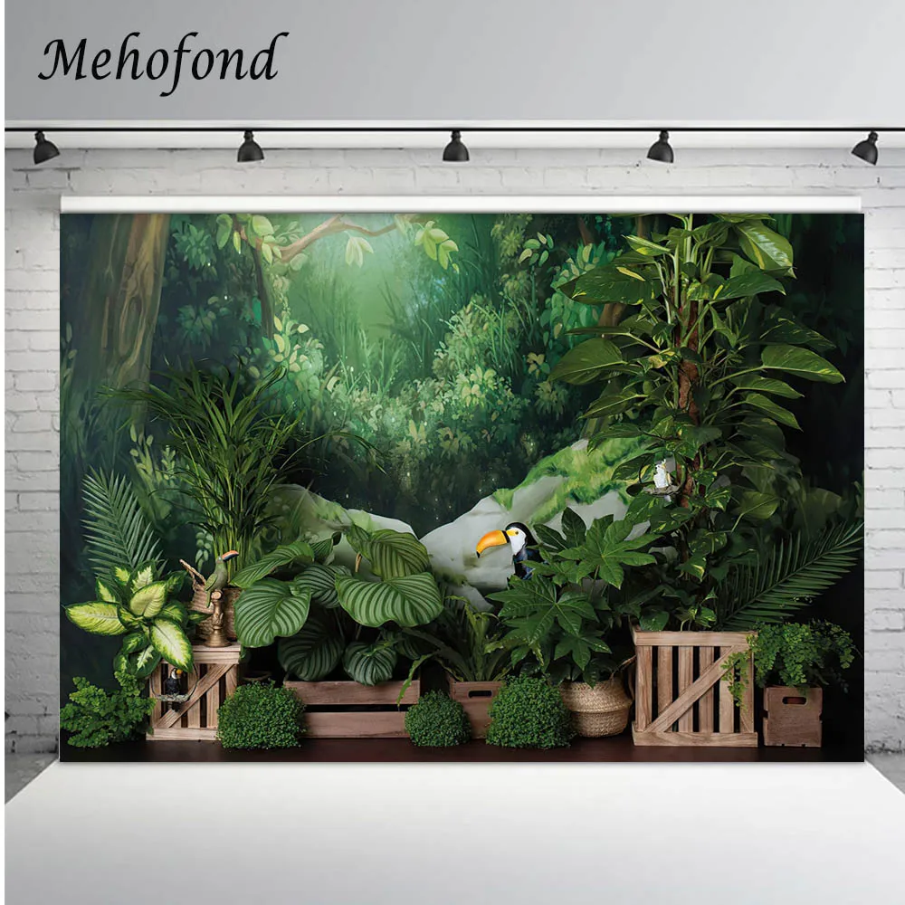 

Mehofond Photography Background Tropical Jungle Forest Green Leaves Wood Boy 1st Birthday Cake Smash Backdrop Photo Studio Decor