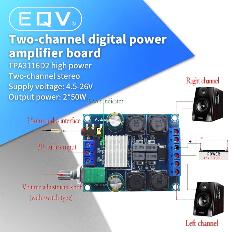 

TPA3116 D2 50W x 2 High Power Digital Audio Music Amplifier Board Stereo Amplifier Speaker Amplifiers Board