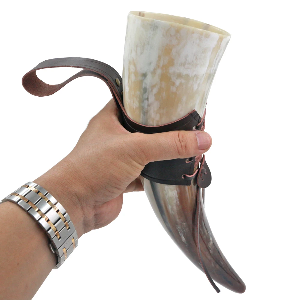 Natural Viking Drinking Horn with Stand or Leather Case- Horn Mug with Polished Finish