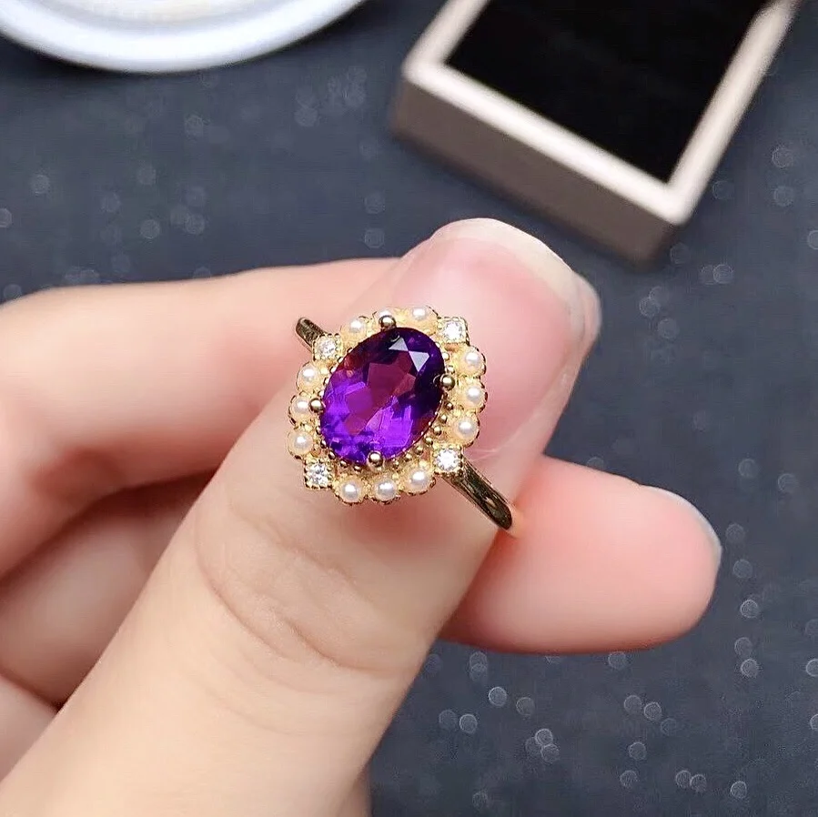 

6mm*8mm VVS Grade Natural Amethyst Ring for Party Solid 925 Silver Amethyst Ring with Pear Sterling Silver Amethyst Jewelry