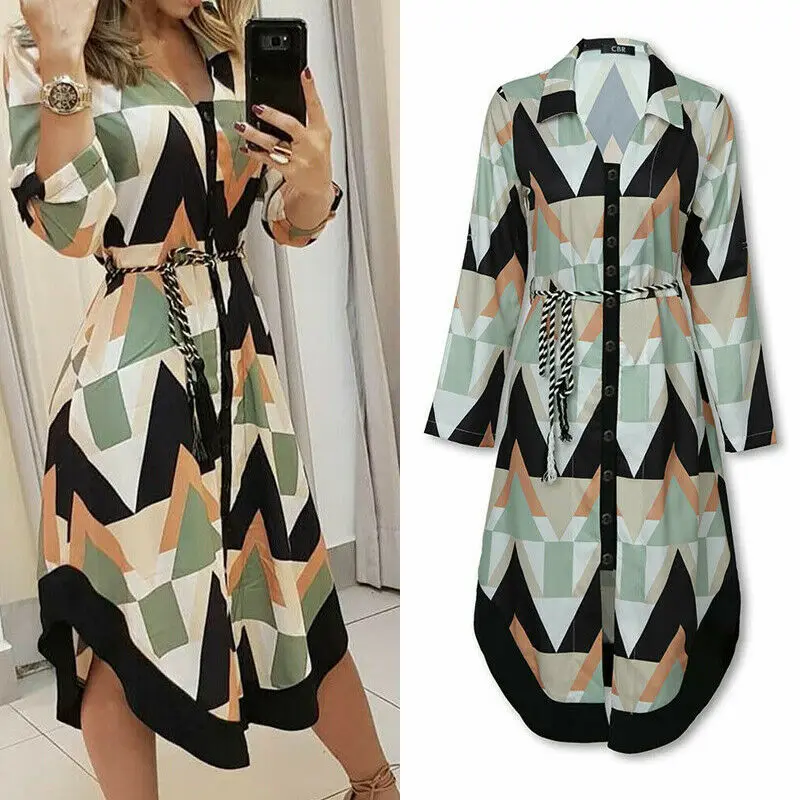 

Spring Summer Lady Cover Up Women's Shirt Dress Wave Print Long Sleeve V-Neck Casual Loose Holiday Midi Dress Plus Size