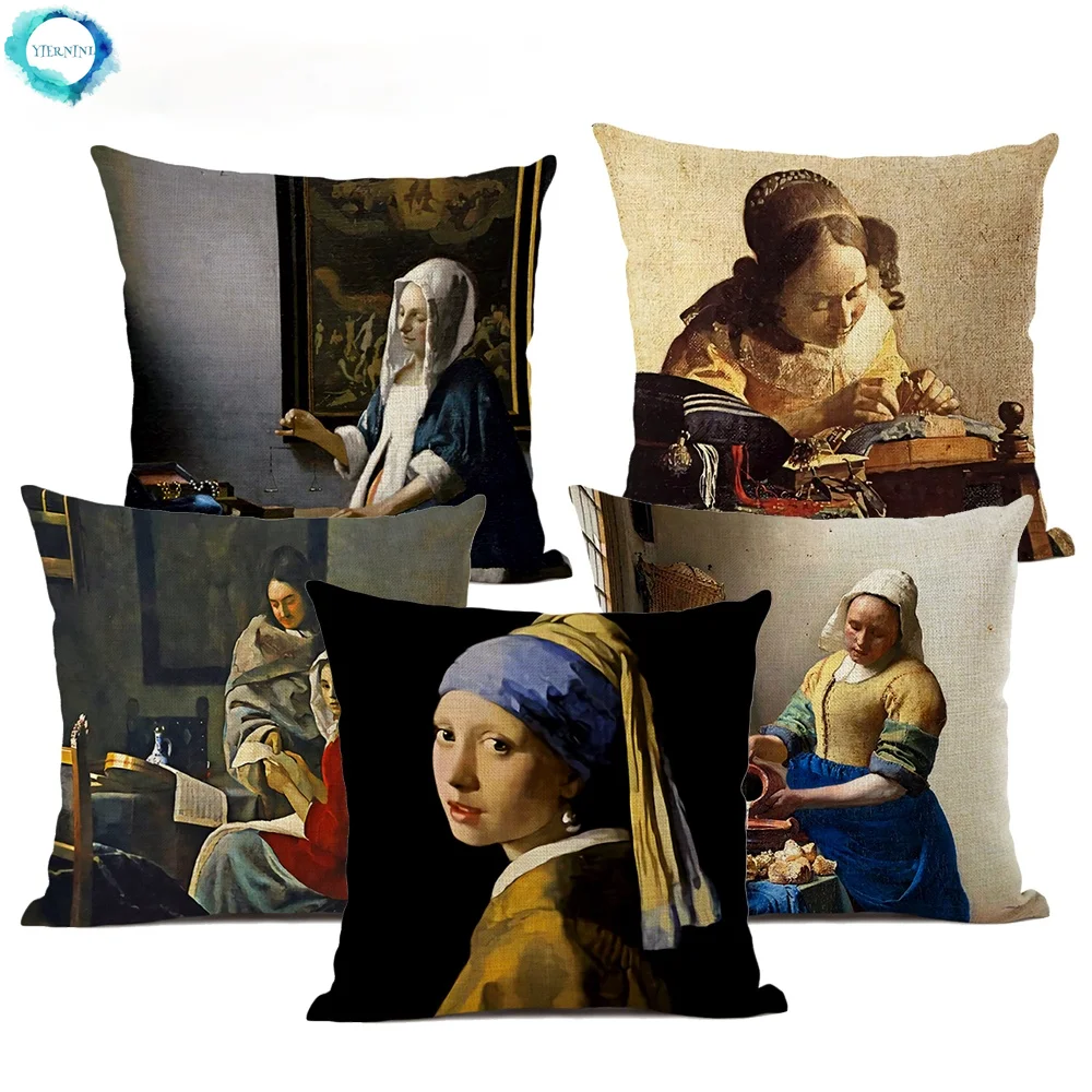 

Art Oil Painting Pearl Girl Cushion Cover 45*45cm Art Decoration Coffee Bar Hotel Office Flax Pillow Cover Johannes Vermmer