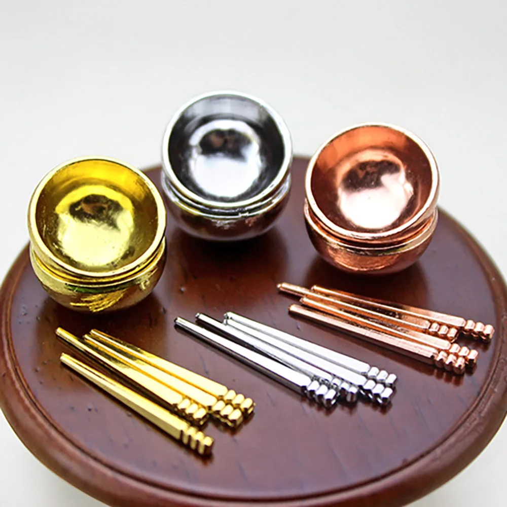 1/12 Dollhouse Miniature Accessories Mini Metal Bowl Chopsticks Set Simulation Kitchen Tableware Model Doll House Decoration