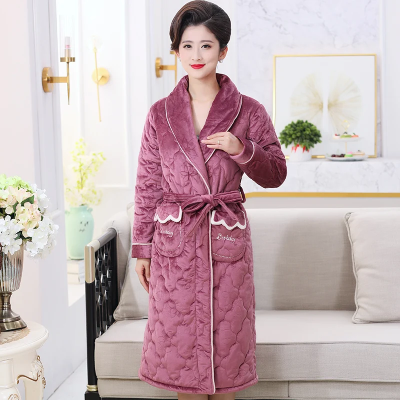 Winter Thick Warm Women's Three Layer Cotton Robe Long Sleeve Loose Soft M-3XL Female Nightgown Lounge Bathrobe