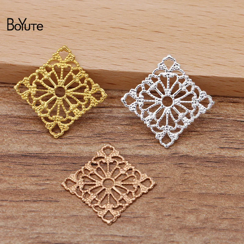 BoYuTe (100 Pieces/Lot) 15MM Metal Brass Stamping Square Filigree Findings Diy Handmade Jewelry Accessories Wholesale