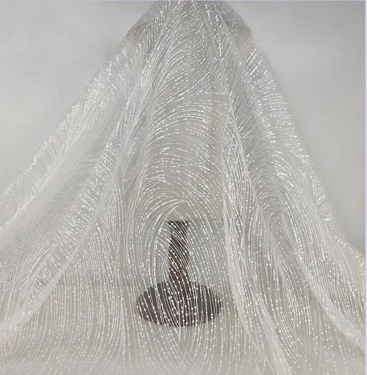 

1 Yard Geometric Sequins Embroidery Lace Fabric , Birdal Gown Couture Fabric in White tulle mesh lace fabric