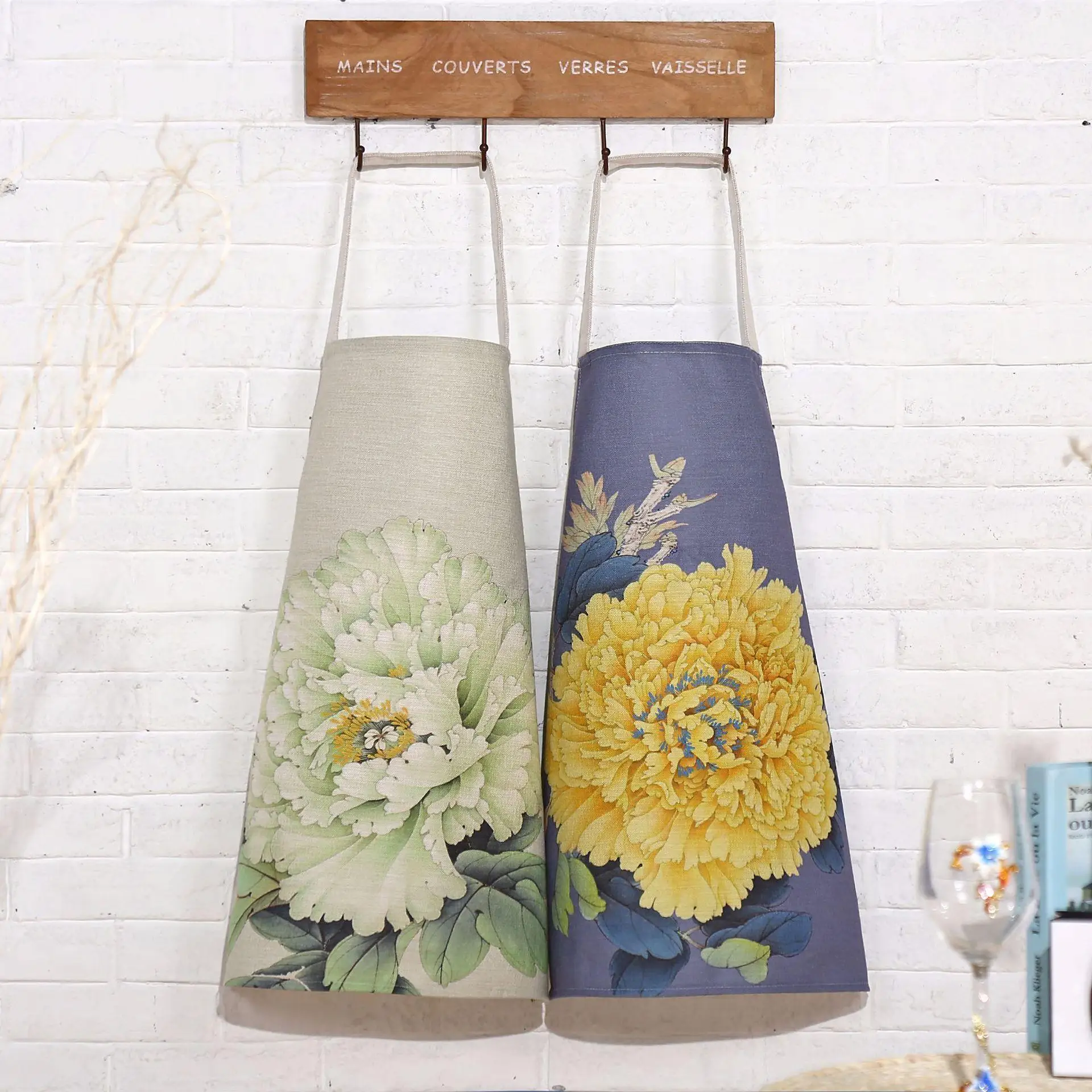 Flower Pattern Kitchen Aprons for Woman Sleeveless Peony Cotton Aprons Home Cooking Baking Bibs Cleaning Tools