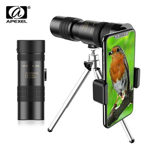 APEXEL-telescopio Monocular con Zoom 10-300x40, con soporte para teléfono, teleobjetivo plegable potente de largo alcance para tomar fotos, caza y Camping