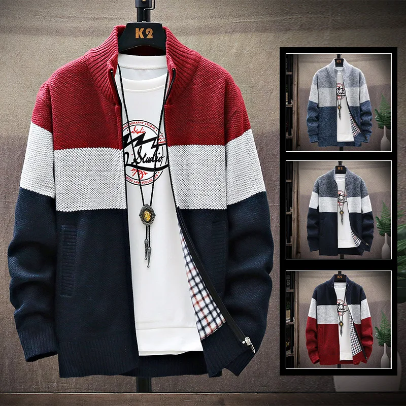 Men's Sweater Zipper Cardigan Casual Loose Striped Baseball Autumn/Winter Fleece Thick Warm Wool Chenille Coat Hombre Jacket