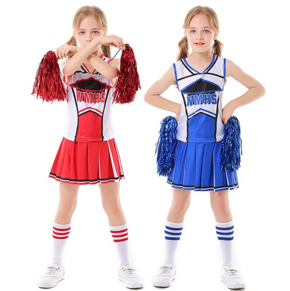 110cm-180cm Women Girl Schoolgirl Cosplay Cheerleader Uniform Sports Cheer Costume Sexy Cheerleader Dress With Socks Pompoms