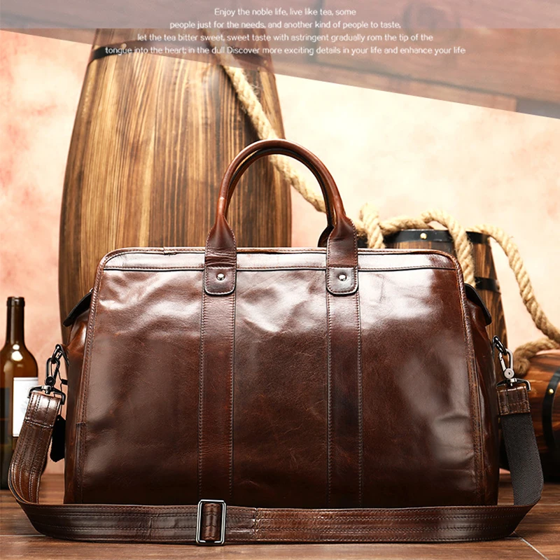 MAHEU Smooth Leather Travel Bag Men Women Unisex Vintage Travelling bags hand luggage brown cowhide travel totes high capacity