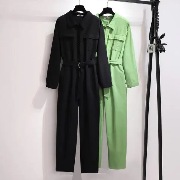 2020 spring autumn plus size jumpsuits for women large long sleeves loose casual jump suit belt black green 3XL 4XL 5XL 6XL 7XL