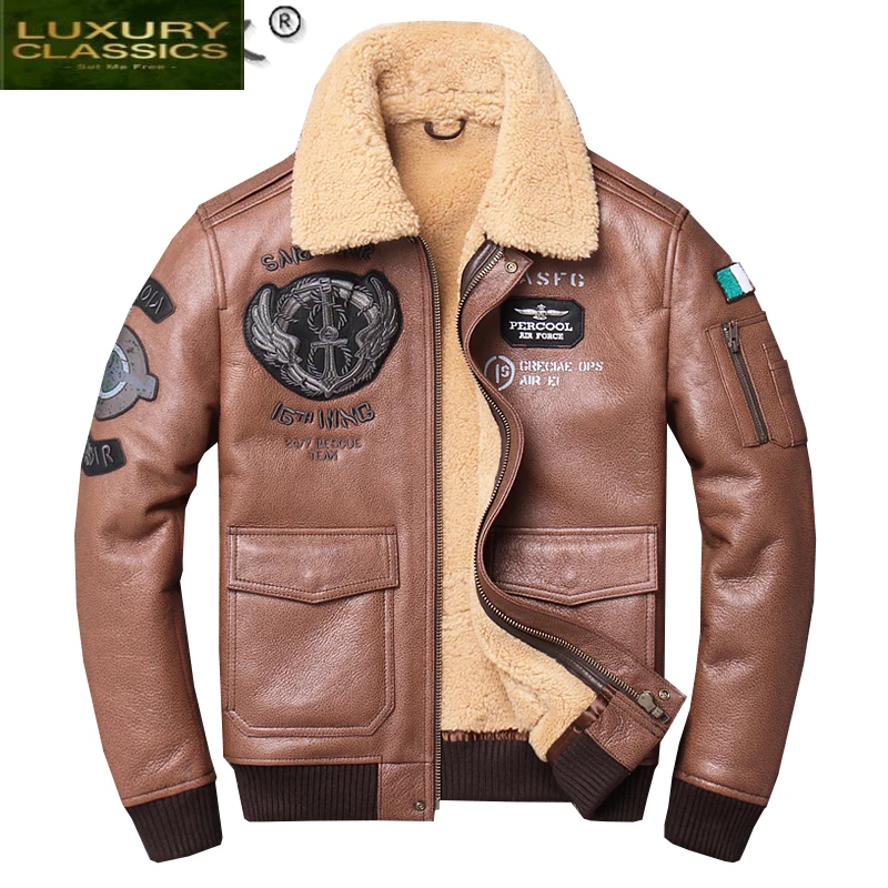 Military 2021 Brown Men Pilot Shearling Coat Large Size 4XL Genuine Sheepskin Winer Thick Slim Fit Shearling Jacket