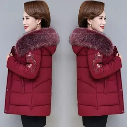 Middle Aged Women Winter Jacket New Hooded Thick Warm Women Parkas Short Embroidered Cotton Padded Coat 5XL W2213