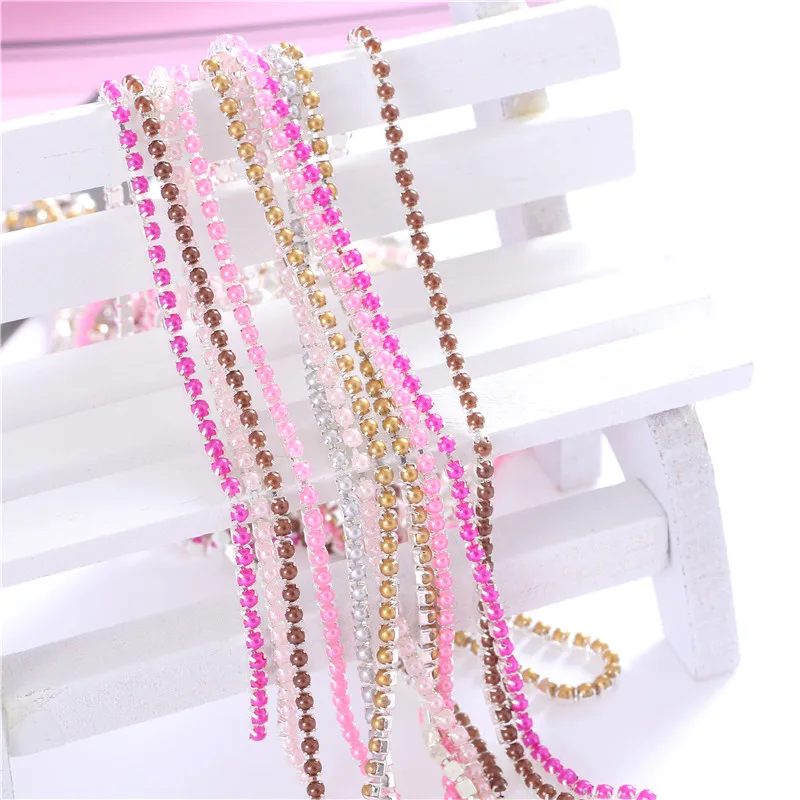 2mm Crystal Pearl  Rhinestone Chain Silver Base Cup Pearl Chain For Sewing DIY garment accessories trim