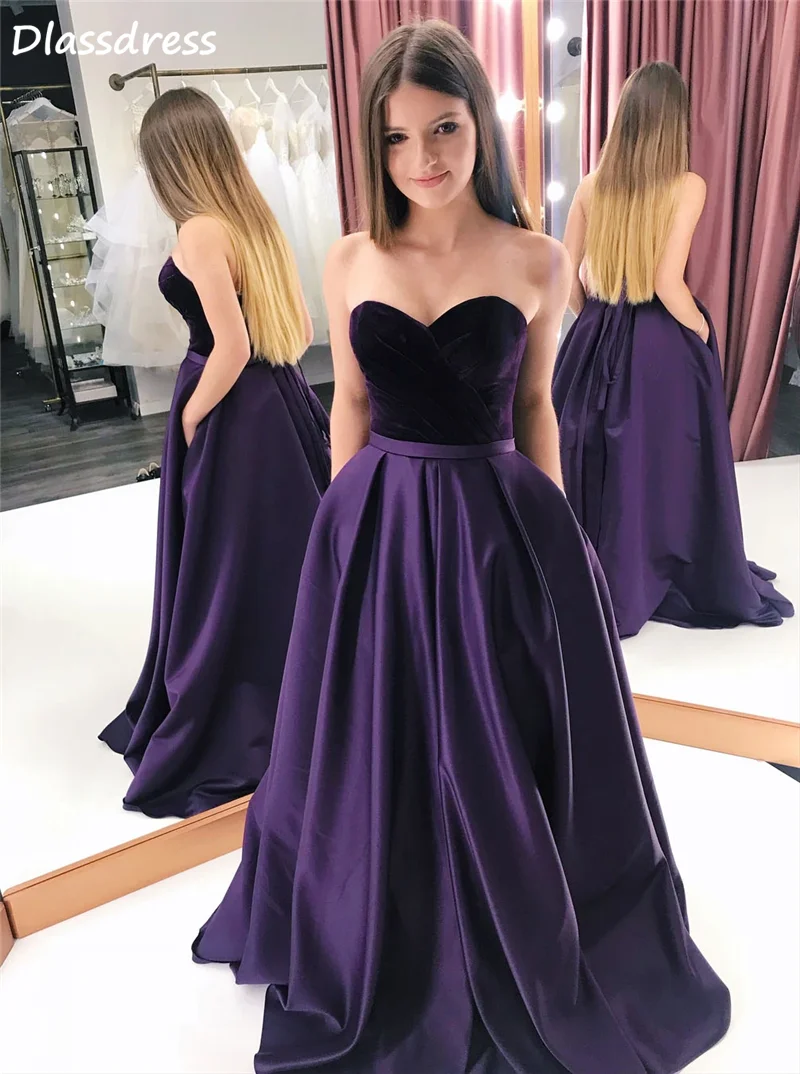 

Purple Prom Dress Satin A-line Pockets Floor Length Strapless Sweetheart Neck Backless Sexy Evening Dress платья знаменитостей