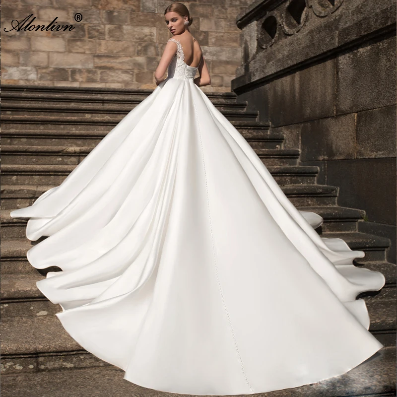 Alonlivn Lustrous Satin Beading Pearls Embroidery Sweetheart A-Line Wedding Dresses