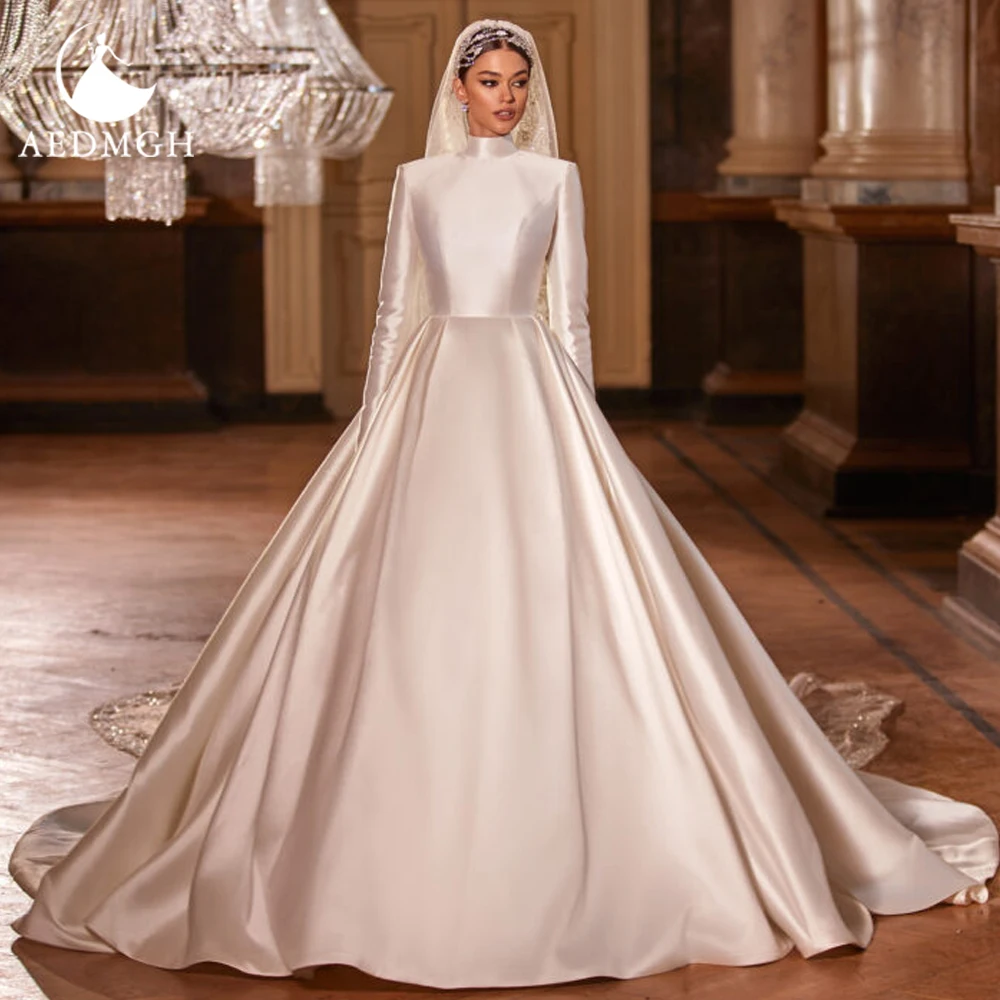 Aedmgh uma linha matte cetim vestidos de casamento 2022 alta pescoço manga longa robe de mariee elegante muçulmano simples chique vestido de novia