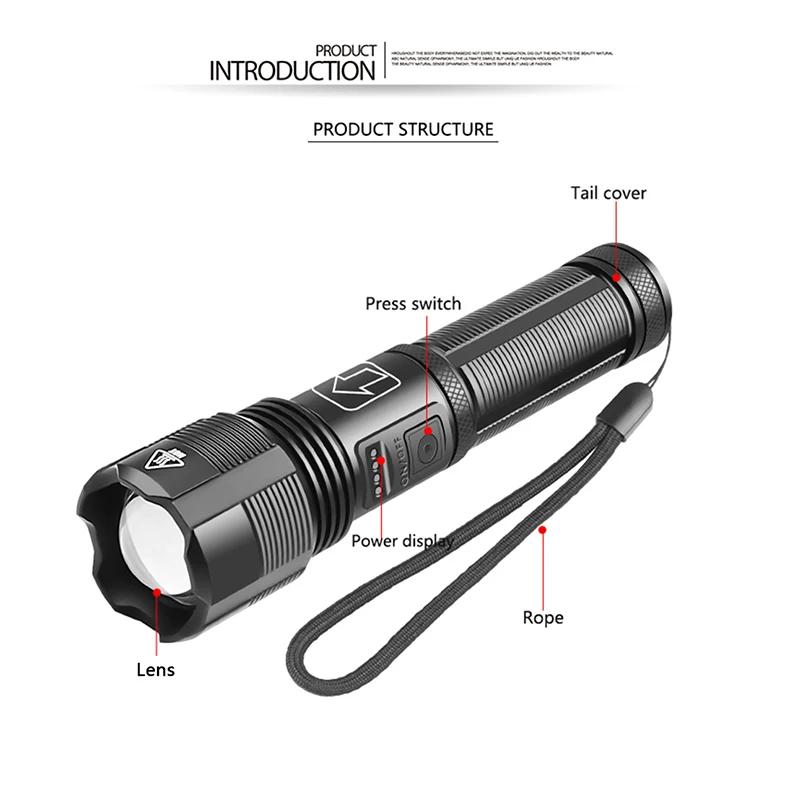 88000LM Powerful LED Flashlight Zoomable USB Rechargeable Waterproof Torch Tactical Flashlight Camping Light 18650 Battery