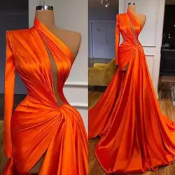 2023 Sexy Prom Dress Fashion One Shoulder Designer High Neck Formal Party Evening Dress Simple Satin Side Split Orange Gowns