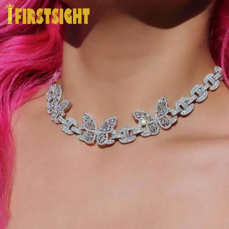 New Silver Color 12mm CZ Butterfly Charm Necklace Iced Out Bling Cubic Zirconia Cuban Link Chain Choker Hip Hop Women Jewelry