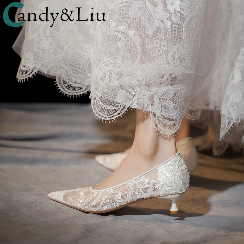 Wedding Shoes Lace Flowers Female Main Wedding Photos Are Not Tired Brides Pregnant Women Can Wear White Low Heels Pointed Heads