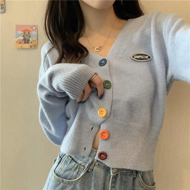 Knit Korean Crop Sweaters Cardigan For Women Oversize Long Sleeve Top Knitwear Autumn Short Outerwear Ladies Clothes V Neck