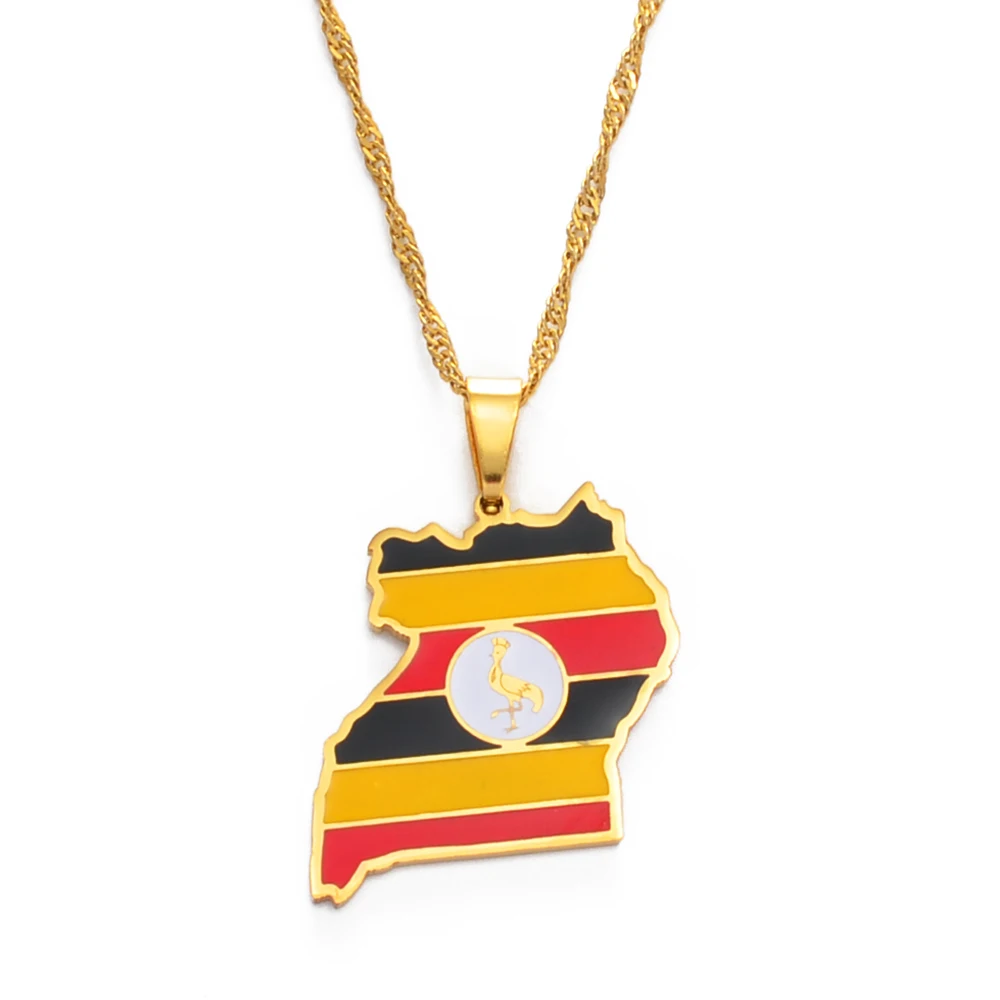 Anniyo Uganda Map & Flag Pendant Necklace Gold Color Jewelry Ugandan Maps for Women Men  #155121