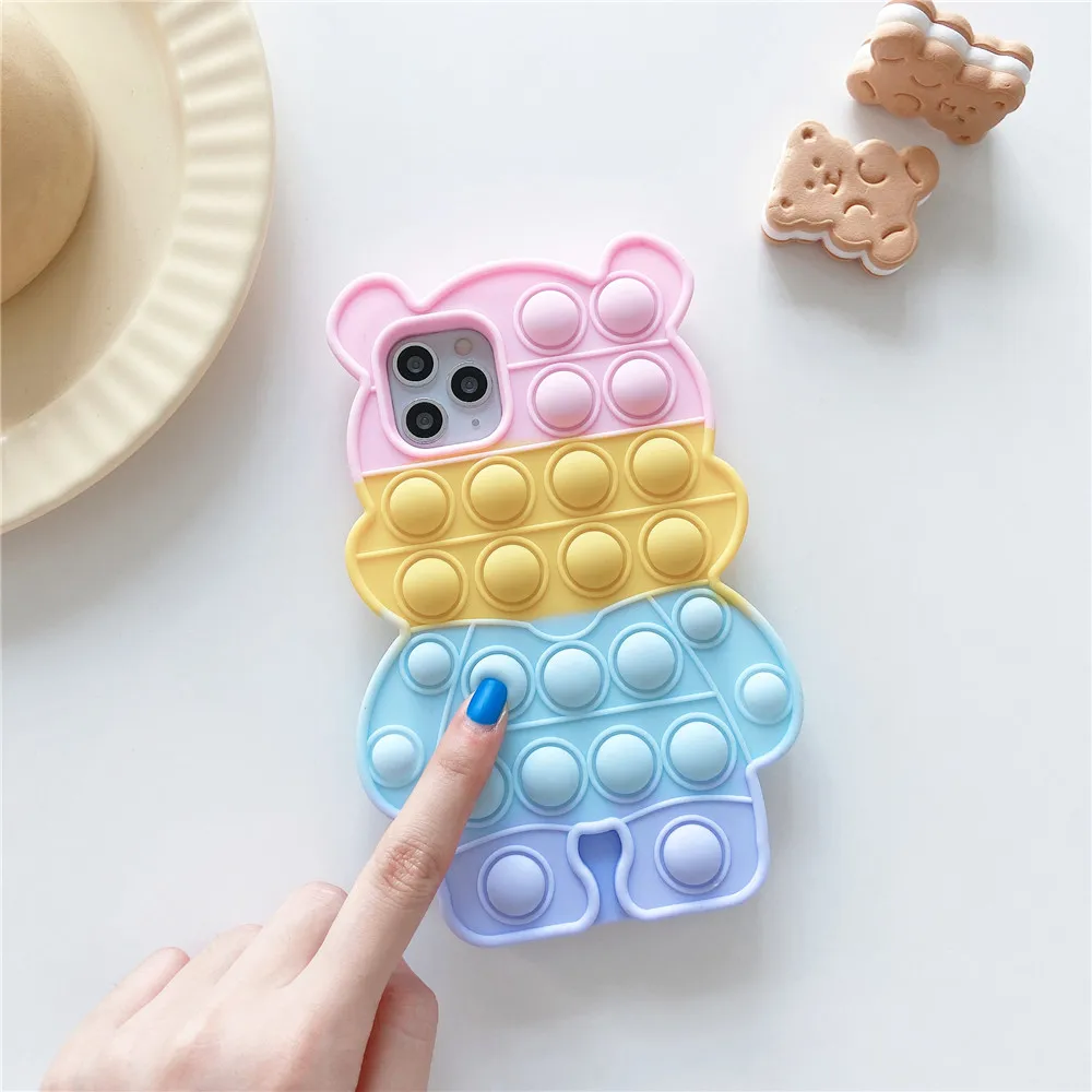 Reliver Stress Fidget Toy Push Bubble Case for iPhone 6 6s 7 8 Plus X XR XS 11 12 Pro Max SE Cartoon Bear Game Cover Kids